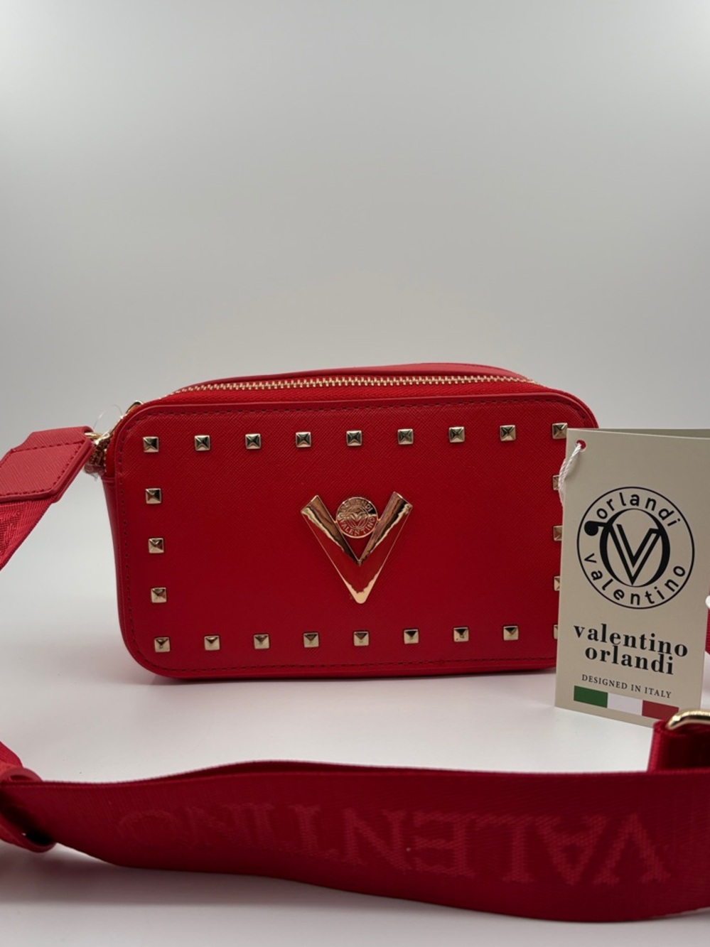 Valentino Orlandi Red Stud-Accent Crossbody Bag